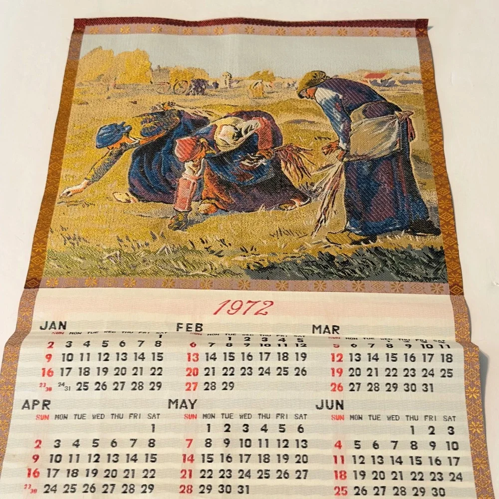 Vintage 1972 Asian Silk Woven Scroll Calendar The Gleaners Tapestry Wall Hanging